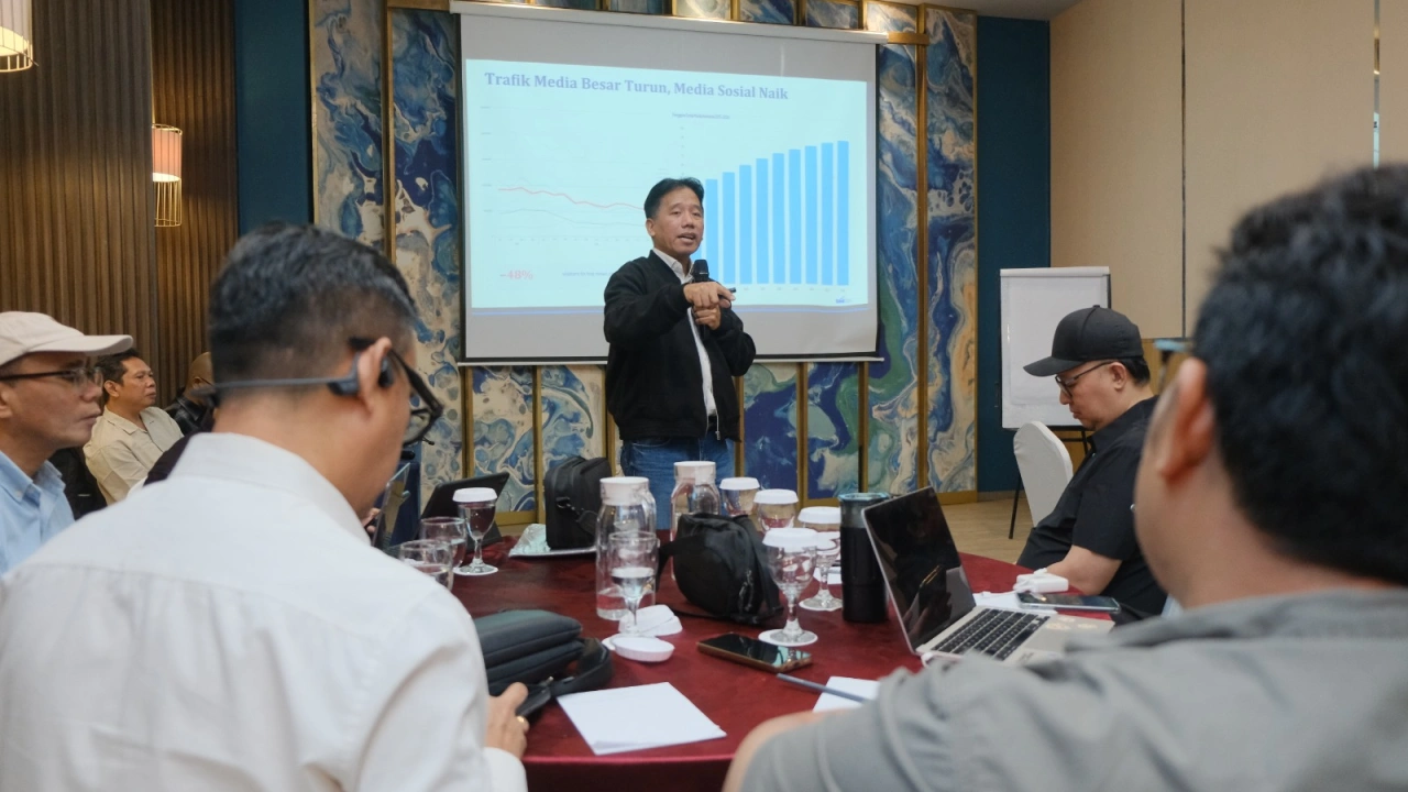 Pemred Suara.com, Suwarjono saat diskusi bertajuk Keberlanjutan Media dan Ekosistem yang digelar Local Media Summit di Hotel Mercure Makassar, Sulawesi Selatan, Rabu (12/8/2026).
